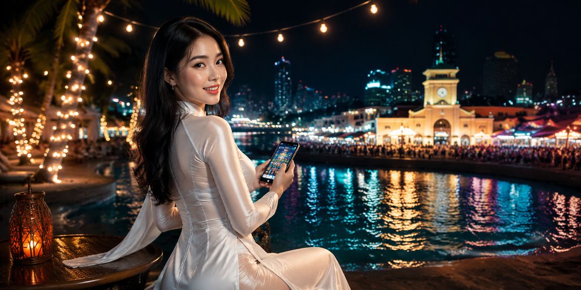 Người dùng TP.HCM đọc điều khoản sử dụng nền tảng casino trực tuyến trong trang phục áo dài